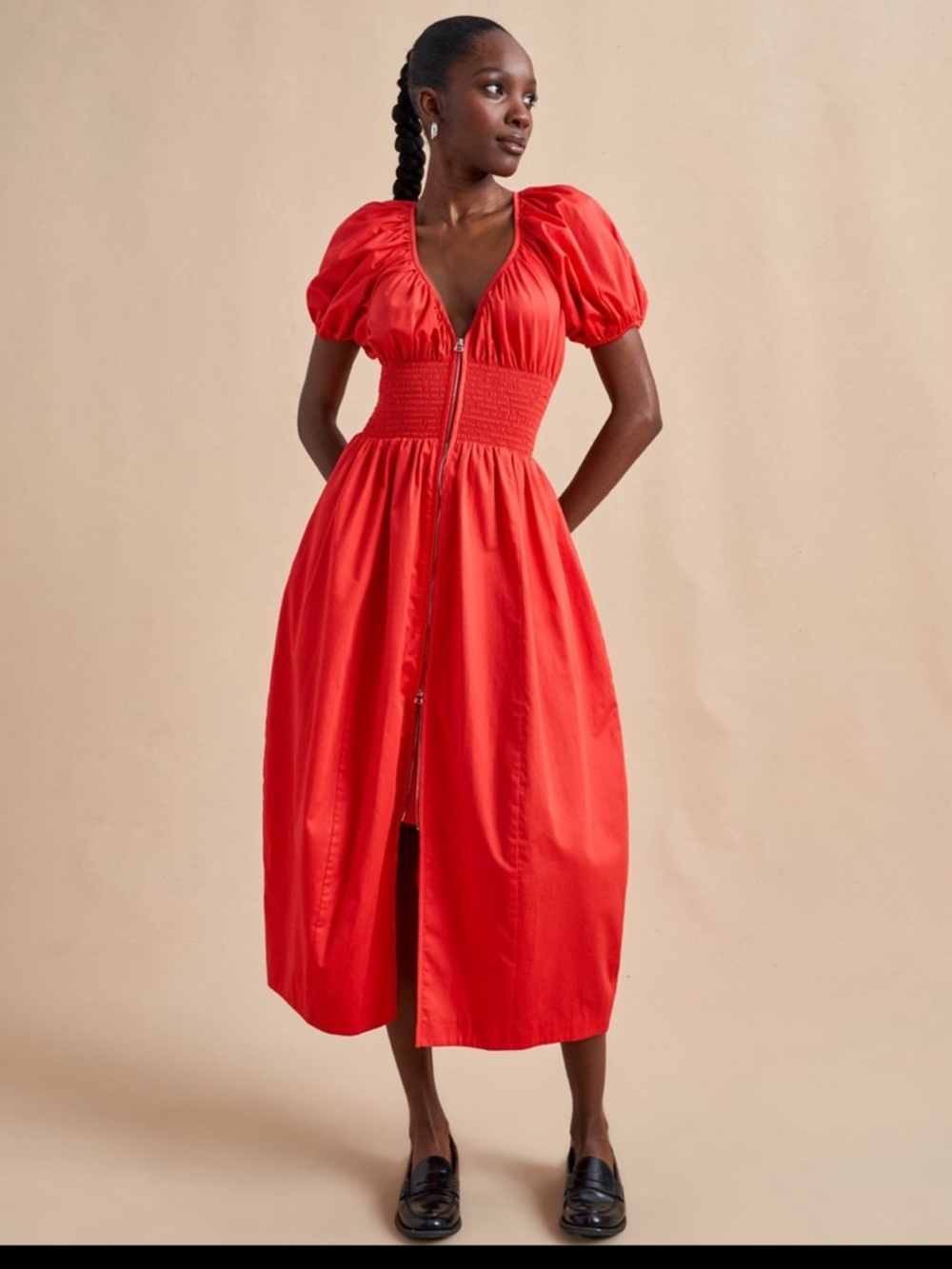 La Ligne Celina Poppy Red Puff-Sleeve Midi Dress with Smocked Waist